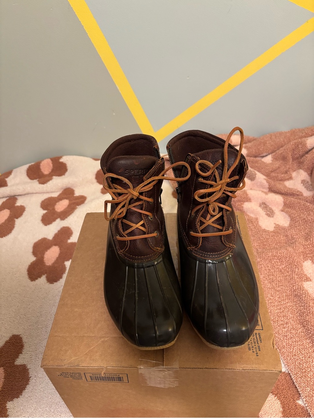Sperry Brown and Black Duck Boots with Tan Laces